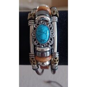 Rugged Western Boho Multi Strand Bracelet - Faux Turquoise + Brown PU Leather